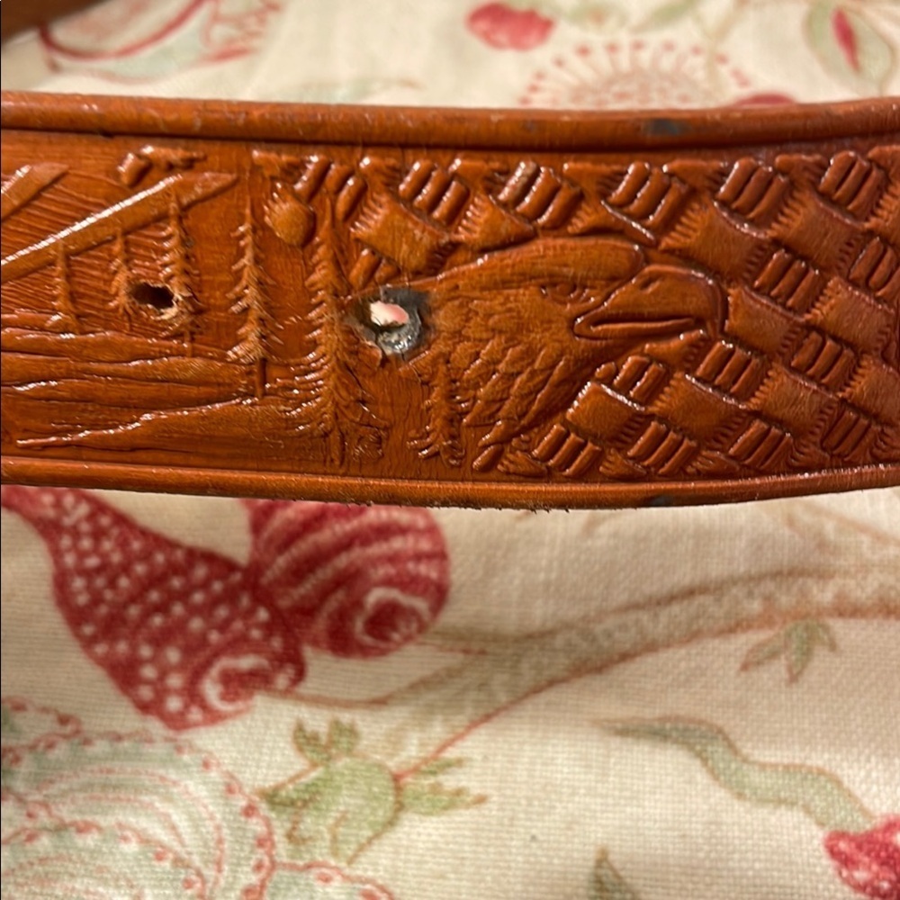 Vtg Longhorn Siskiyou L-89 USA Belt Buckle Etched Cognac Leather Belt - Picture 6 of 13
